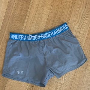 Under armour grey shorts with blue stretchy band